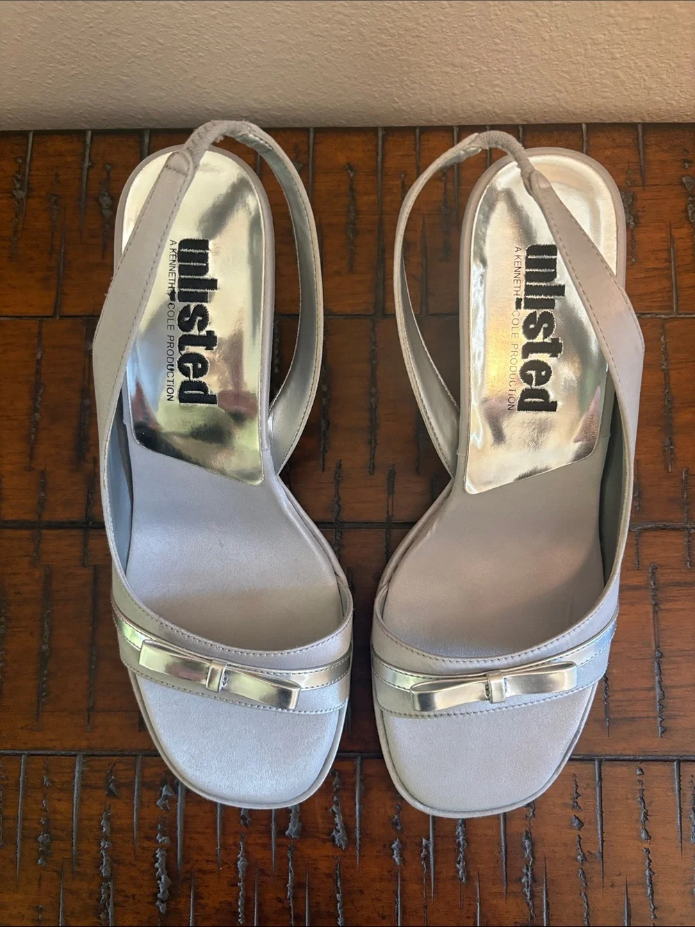 Unlisted by Kenneth Cole Silver Slingback Sandal Heels with Bow Detail - Picture 2 of 11